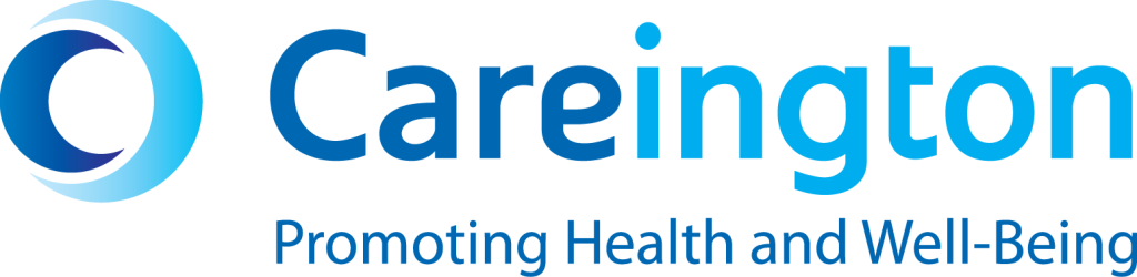 An alt text description of an image featuring a logo with the text 'Carington' above a graphic element resembling a globe, set against a blue background with a white circle at the center.