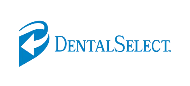 The image displays a logo with text that reads 'Dental Select.' It features a stylized blue letter 'P' within a white circle, followed by the word 'Dental' in lowercase letters, and below it, the word 'Select' in uppercase letters.