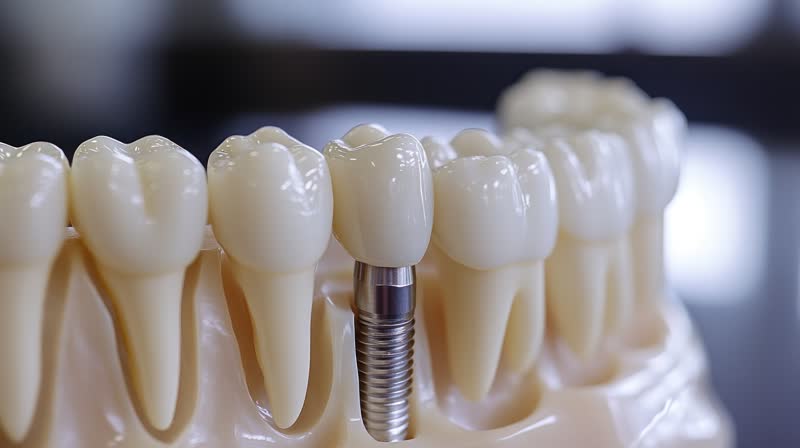 The image shows a group of artificial teeth with visible screws and metal components, suggesting they are part of dental implants or prosthetics, placed on a table with a focus on their details and craftsmanship.