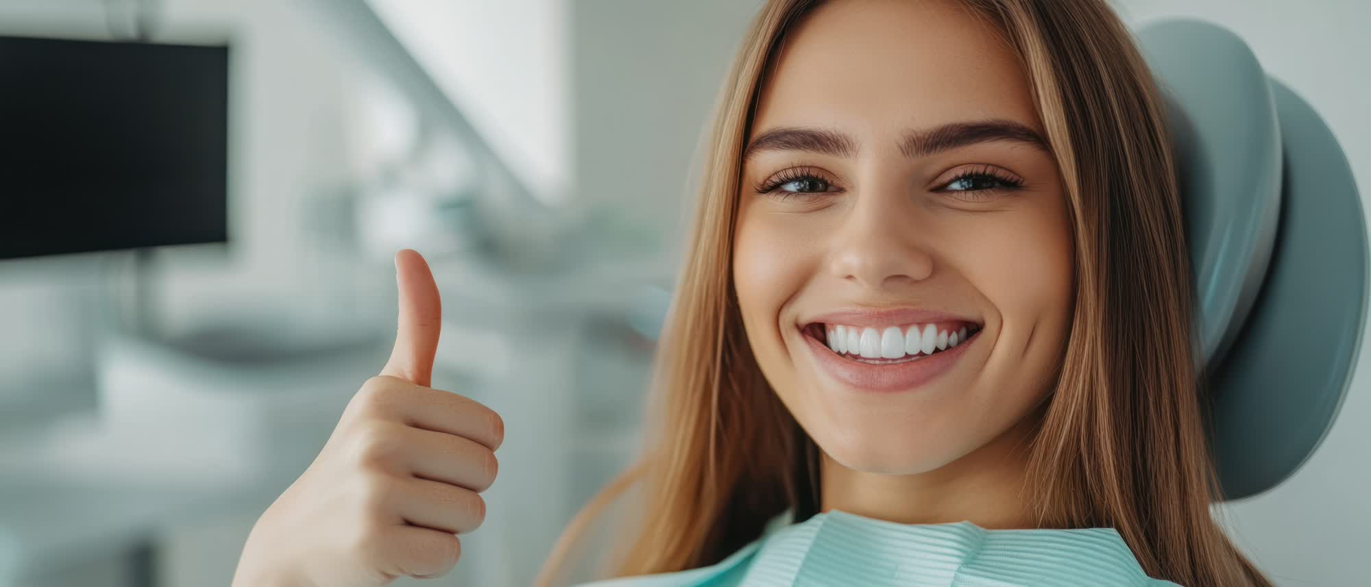 The image features a young woman with a bright smile, giving a thumbs-up gesture while sitting in a dental chair.