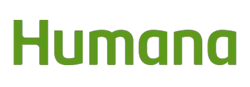 The image displays a logo with the text 'HUMANA' prominently featured, set against a grey background with a green horizontal stripe at the bottom.