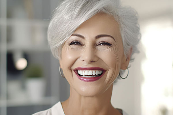 The image shows a smiling older woman with white hair, wearing makeup and a necklace, against a blurred background that suggests an indoor setting.